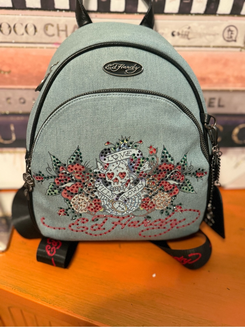 Ed Hardy Denim Embroidered Mini Backpack with Rhinestone Detail NWT